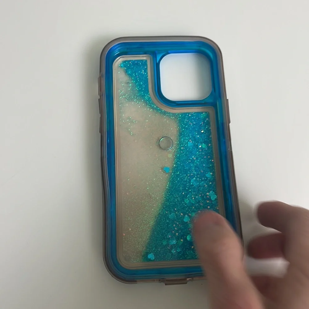 iPhone 13 Promax Cover- Liquid glitter aqua Blue Hearts- durable-